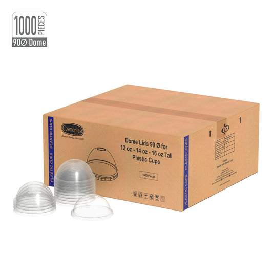 90 mm Carton of 1000 Dome Lids for 12, 14 oz Clear Plastic Cups
