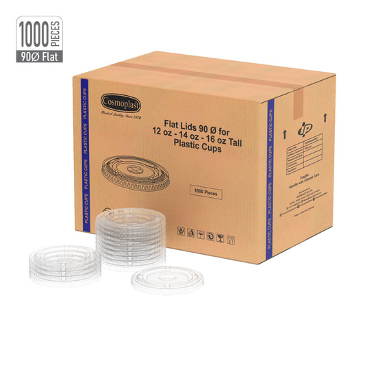 90 mm Carton of 1000 Flat Lids for 12, 14 oz Clear Plastic Cups
