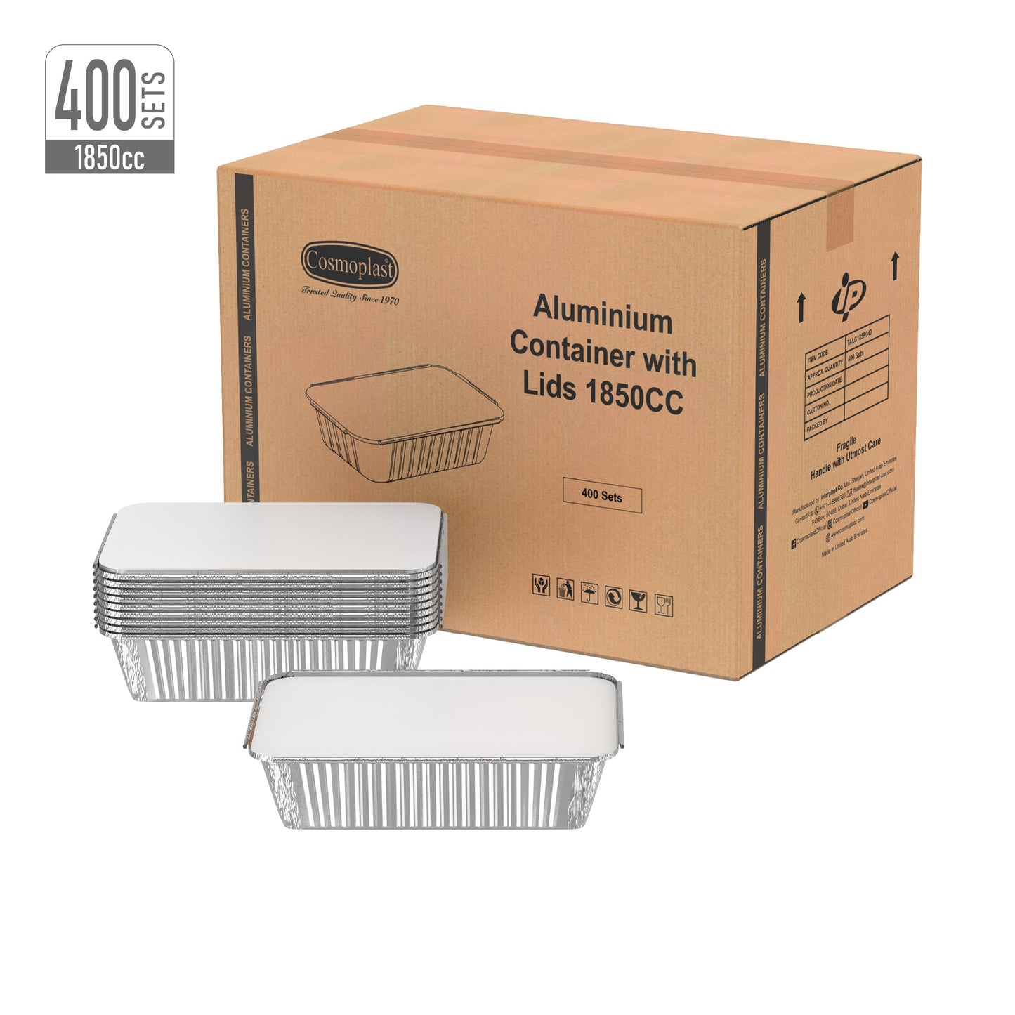 890 cc Carton of 400 Aluminium Containers with Lids