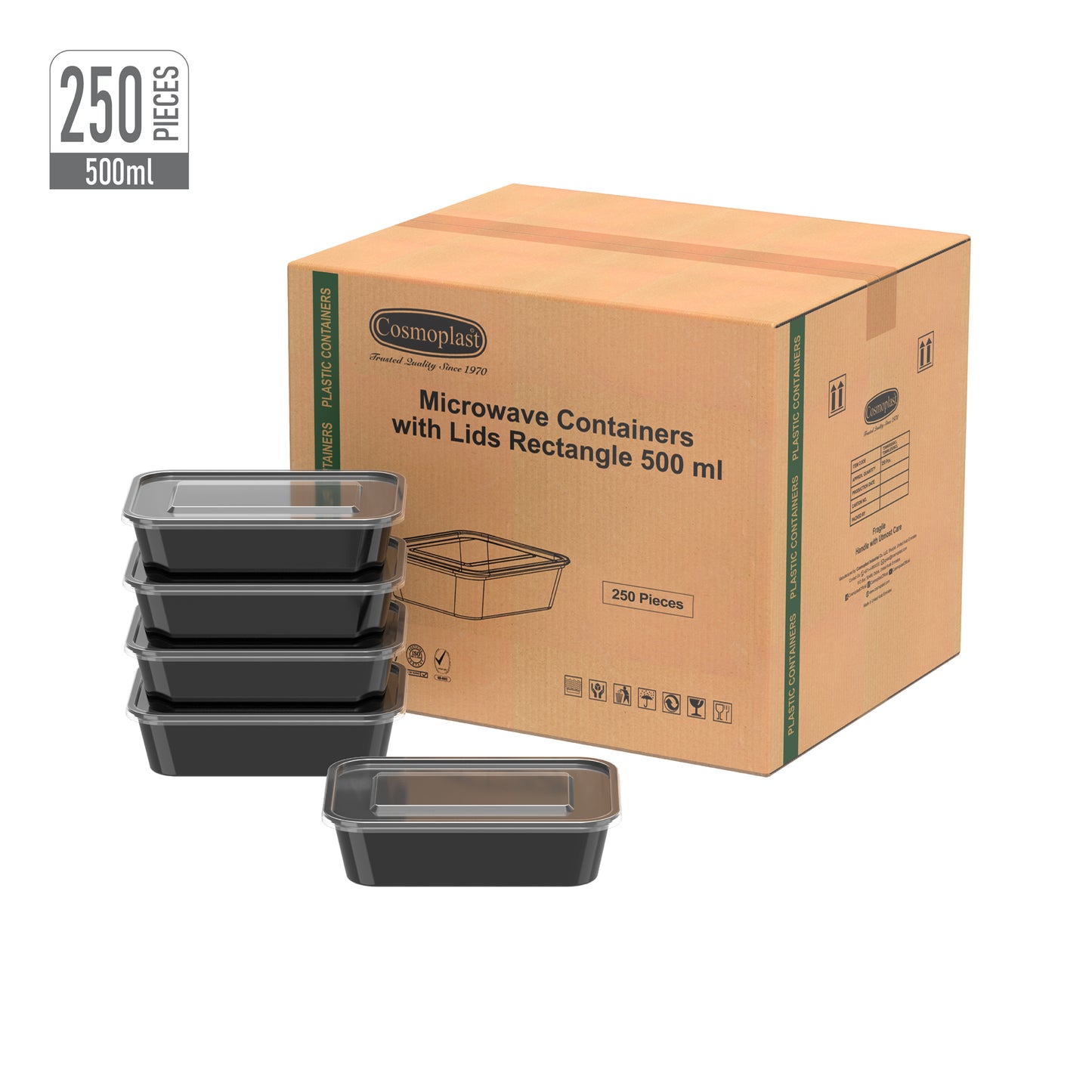 500 ml Carton of 250 Black Microwave Containers with Clear Lids