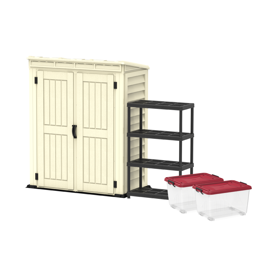 YardMate Pent PLUS 5x3 ft + Shelving Rack 4 Free + 2x 55L Storage Box FREE