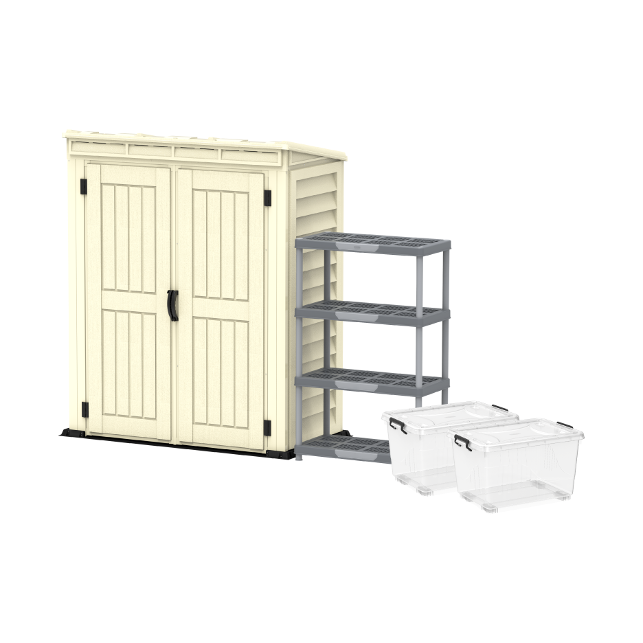 YardMate Pent PLUS 5x3 ft + Shelving Rack 4 Free + 2x 55L Storage Box FREE