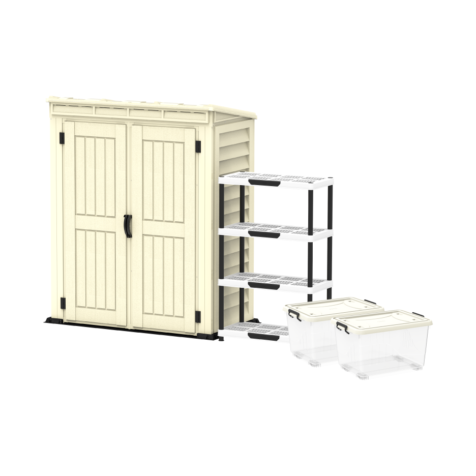 YardMate Pent PLUS 5x3 ft + Shelving Rack 4 Free + 2x 55L Storage Box FREE