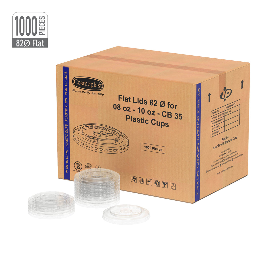 82 mm Carton of 1000 Flat Lids for CB35, 8, 10 oz Clear Plastic Cups