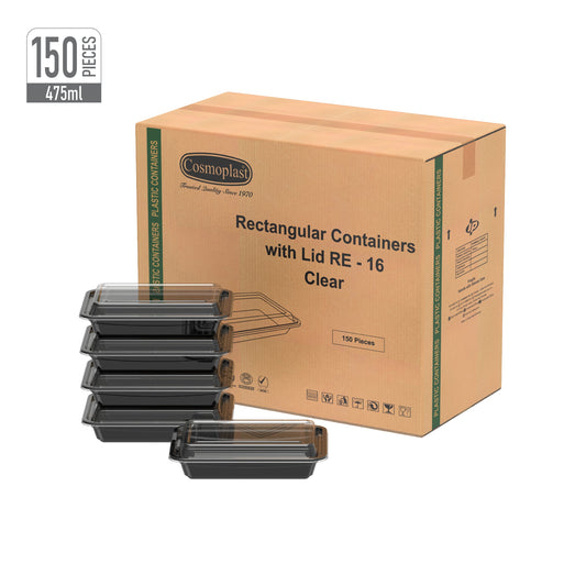 475 ml Carton of 150 RE16 Black Microwave Containers with Clear Lids