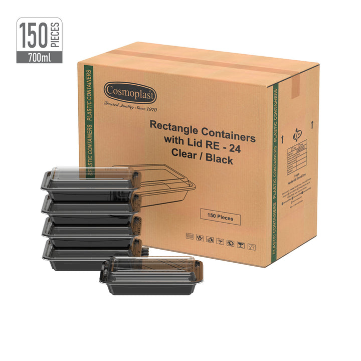 700 ml Carton of 150 RE24 Black Microwave Containers with Clear Lids