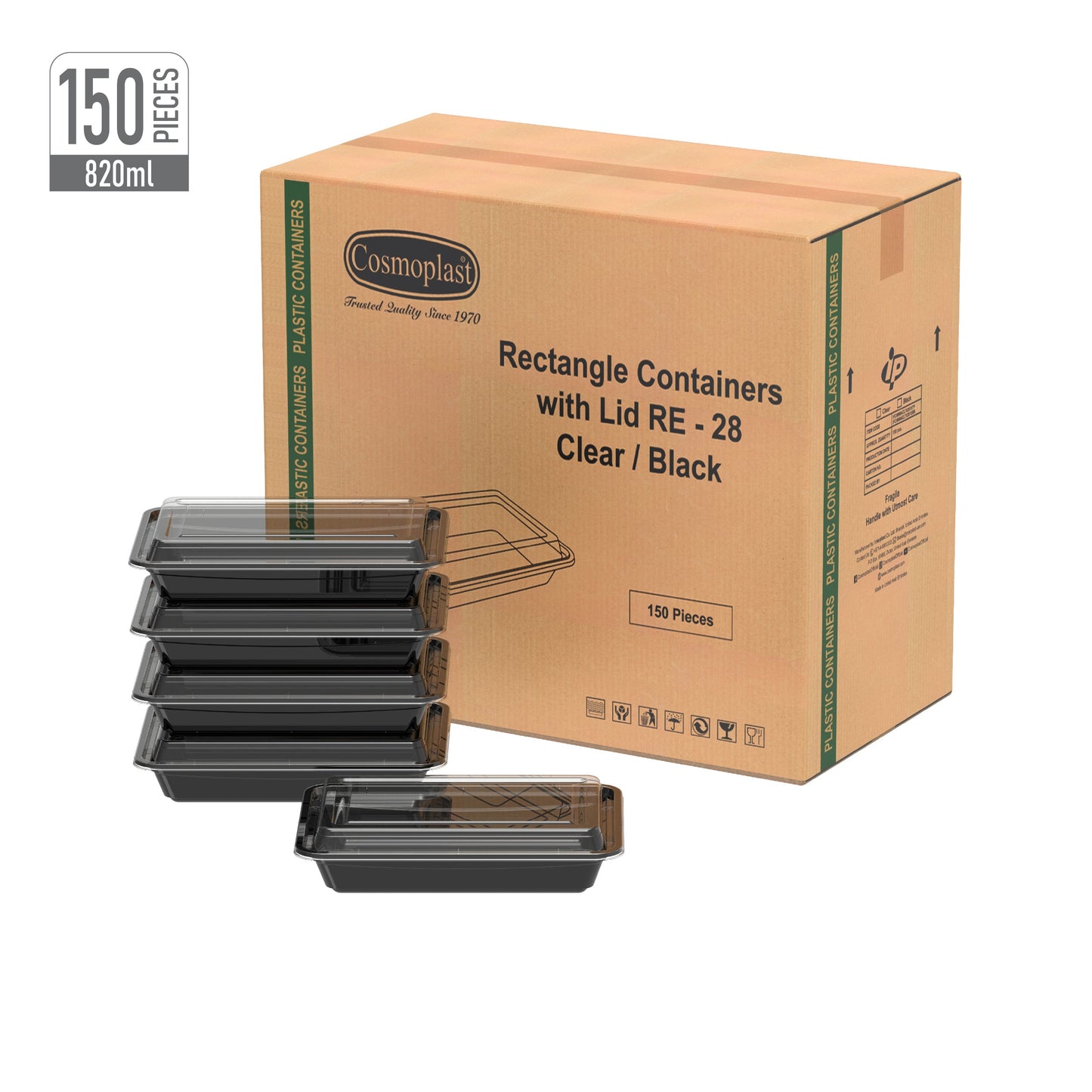 820 ml Carton of 150 RE28 Black Microwave Containers with Clear Lids