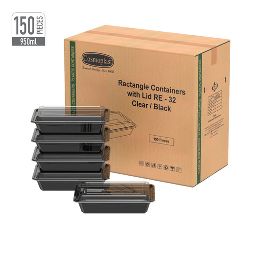 950 ml Carton of 150 RE32 Black Microwave Containers with Clear Lids