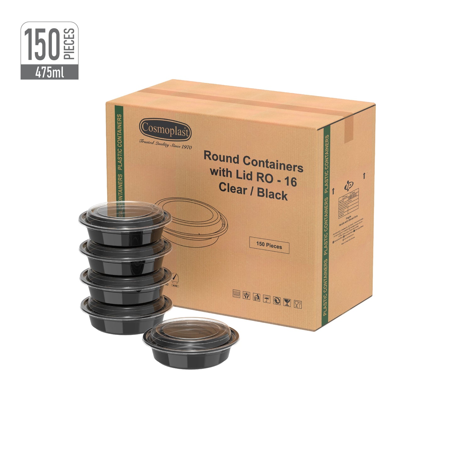 475 ml Carton of 150 RO16 Black Microwave Containers with Clear Lids