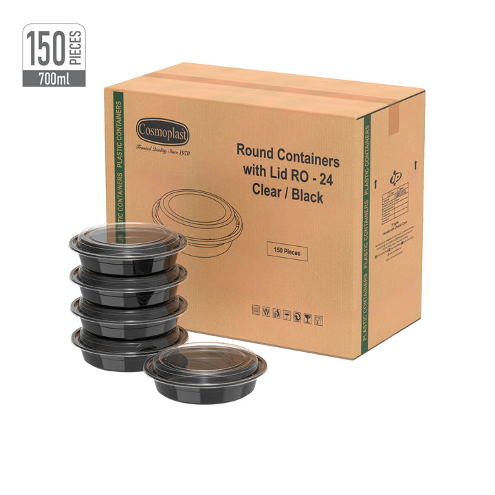 700 ml Carton of 150 RO24 Black Microwave Containers with Clear Lids