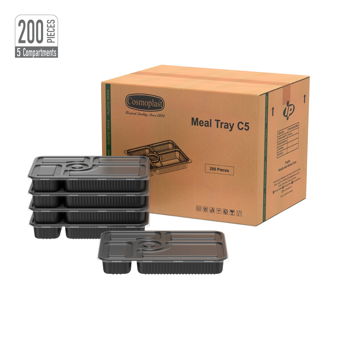 5 Compartments Carton of 200 Black Meal Containers with Clear Lids