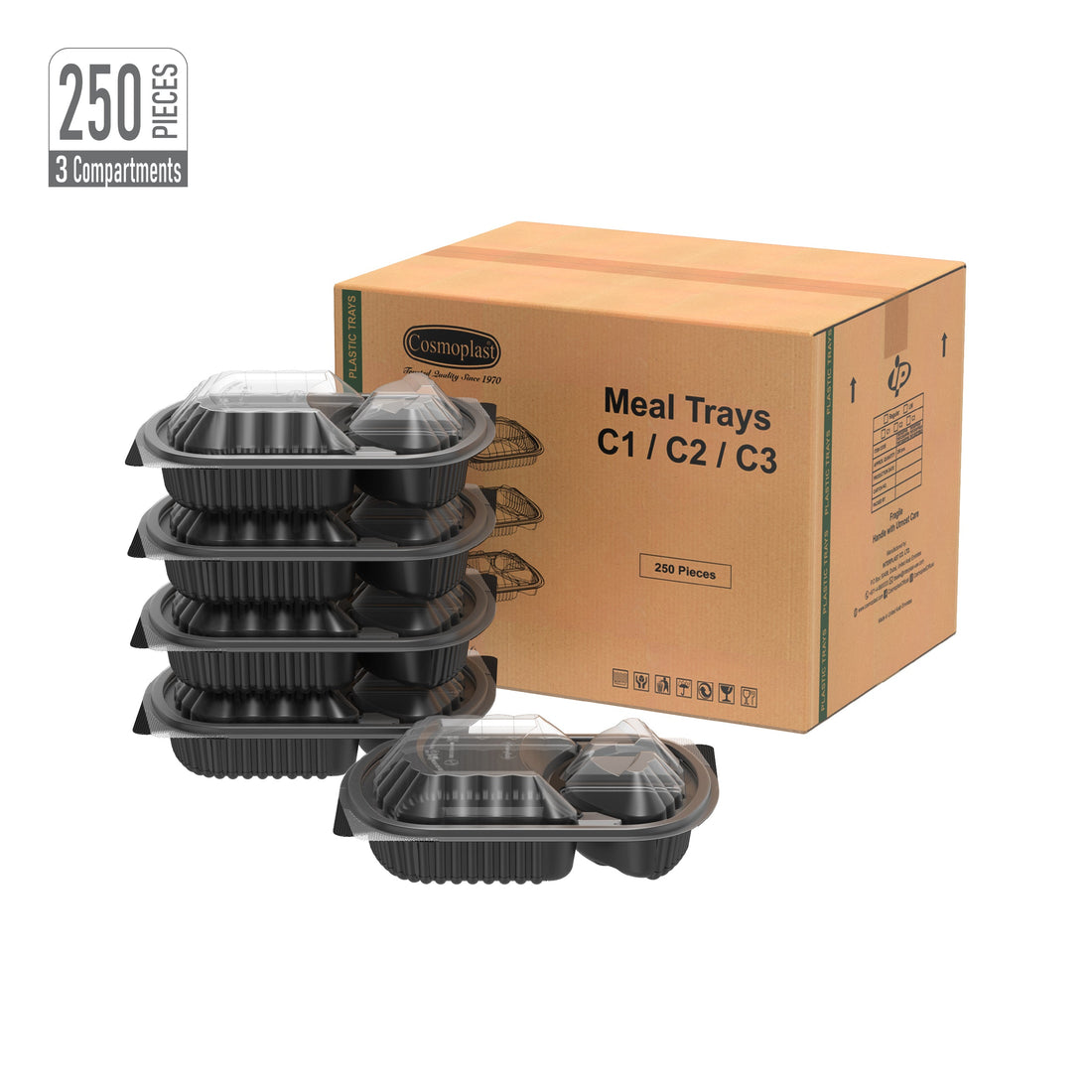 3 Compartments Carton of 250 Black Meal Containers with Clear Lids