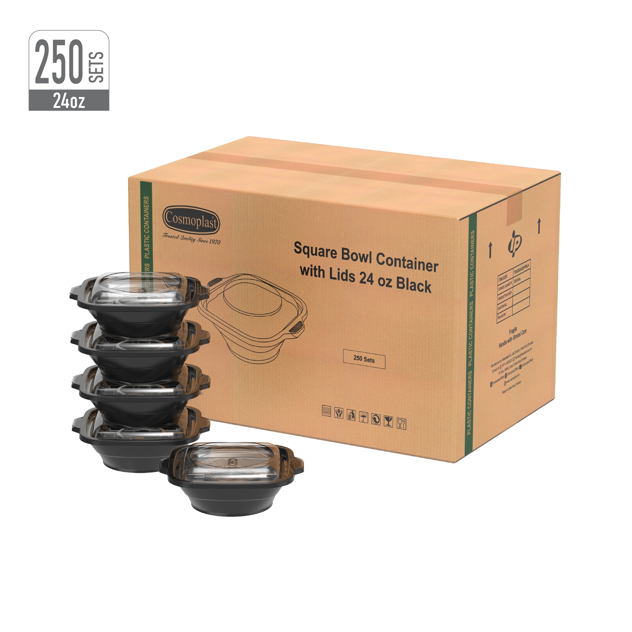 24 oz Carton of 250 Square Microwave Bowls with Clear Lids