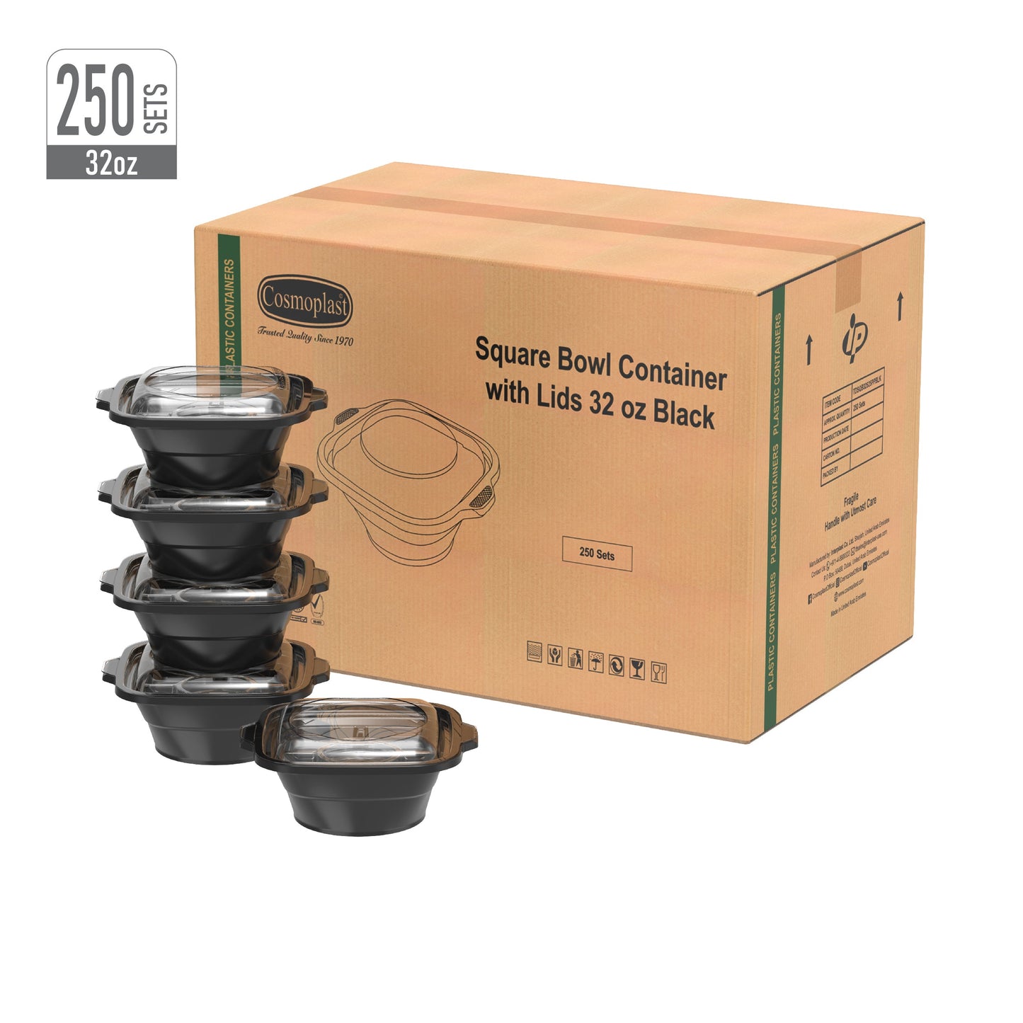 32 oz Carton of 250 Square Microwave Bowls with Clear Lids
