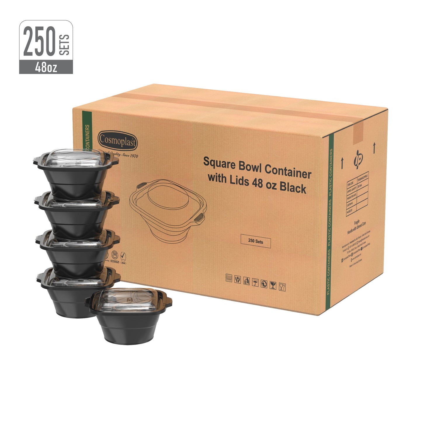 48 oz Carton of 250 Square Microwave Bowls with Clear Lids