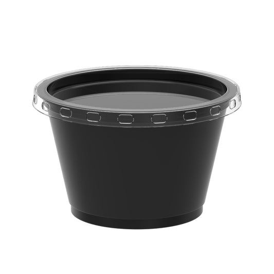 4 oz Carton of 2000 Black Sauce Cups with Clear Lids
