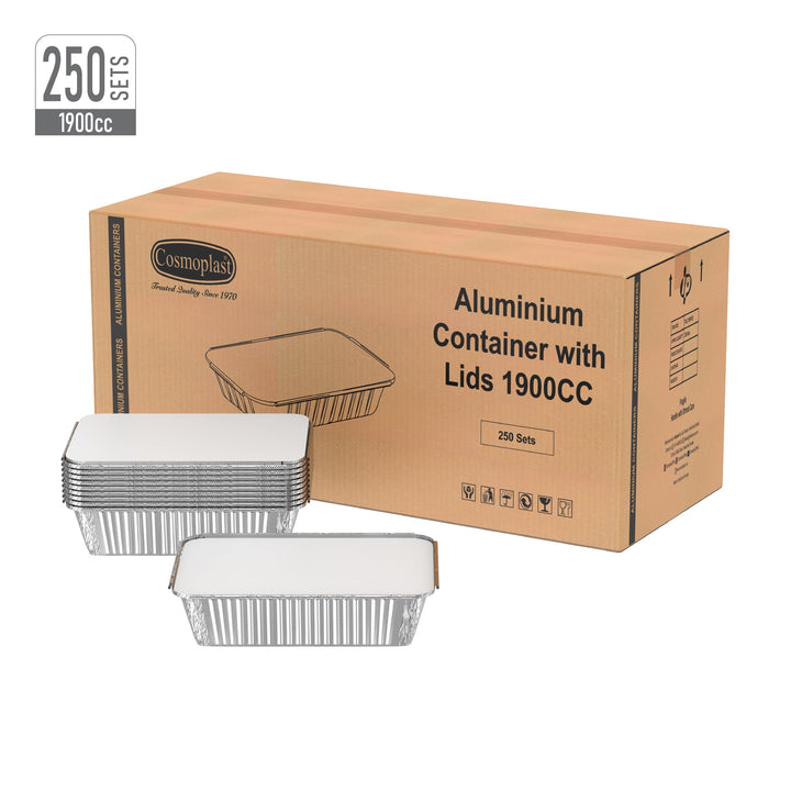 1900 cc Carton of 250 Aluminium Containers with Lids