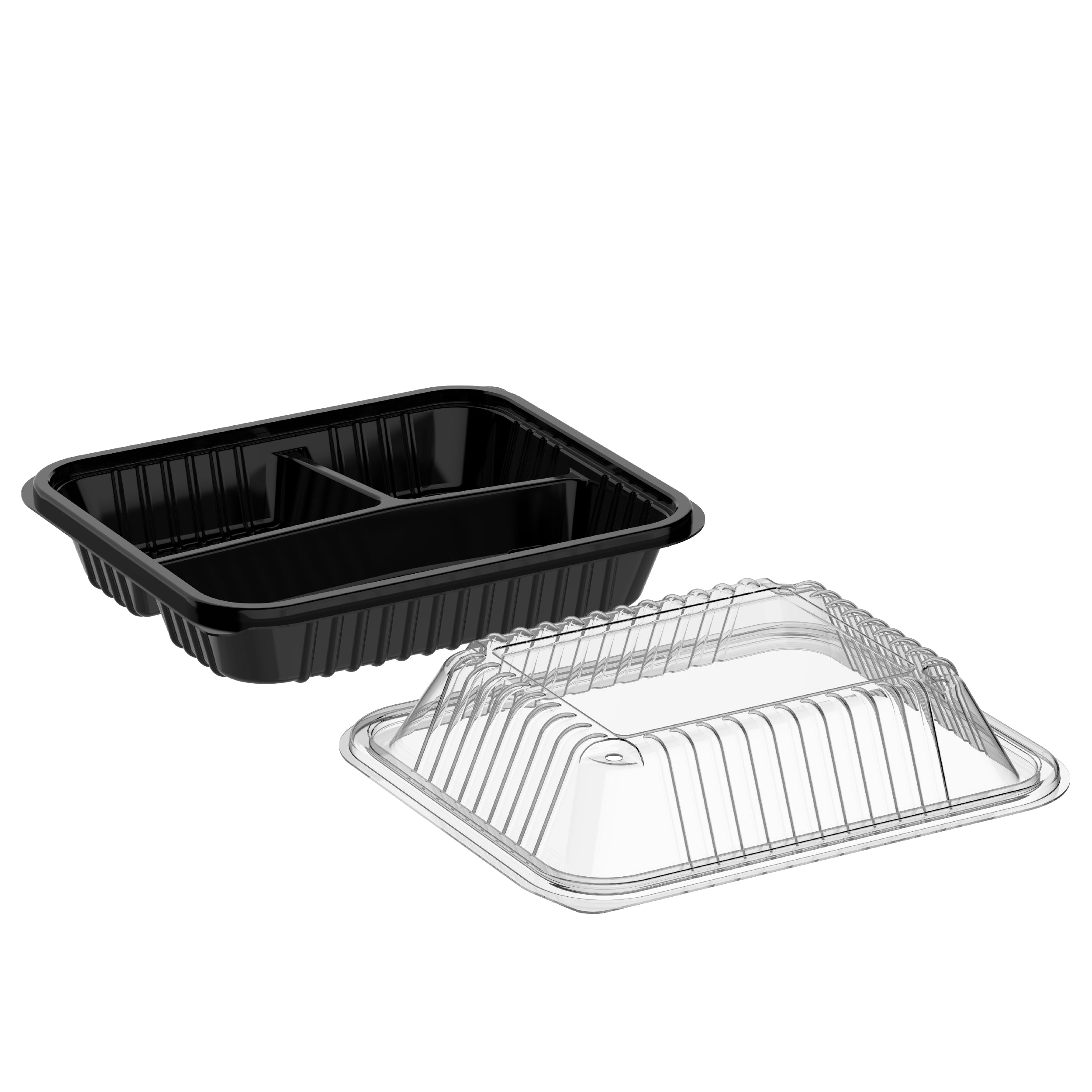 3 Compartments Carton of 250 Dark Meal Containers with Clear Lids