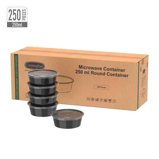 250 ml Carton of 250 Black Microwave Containers with Clear Lids