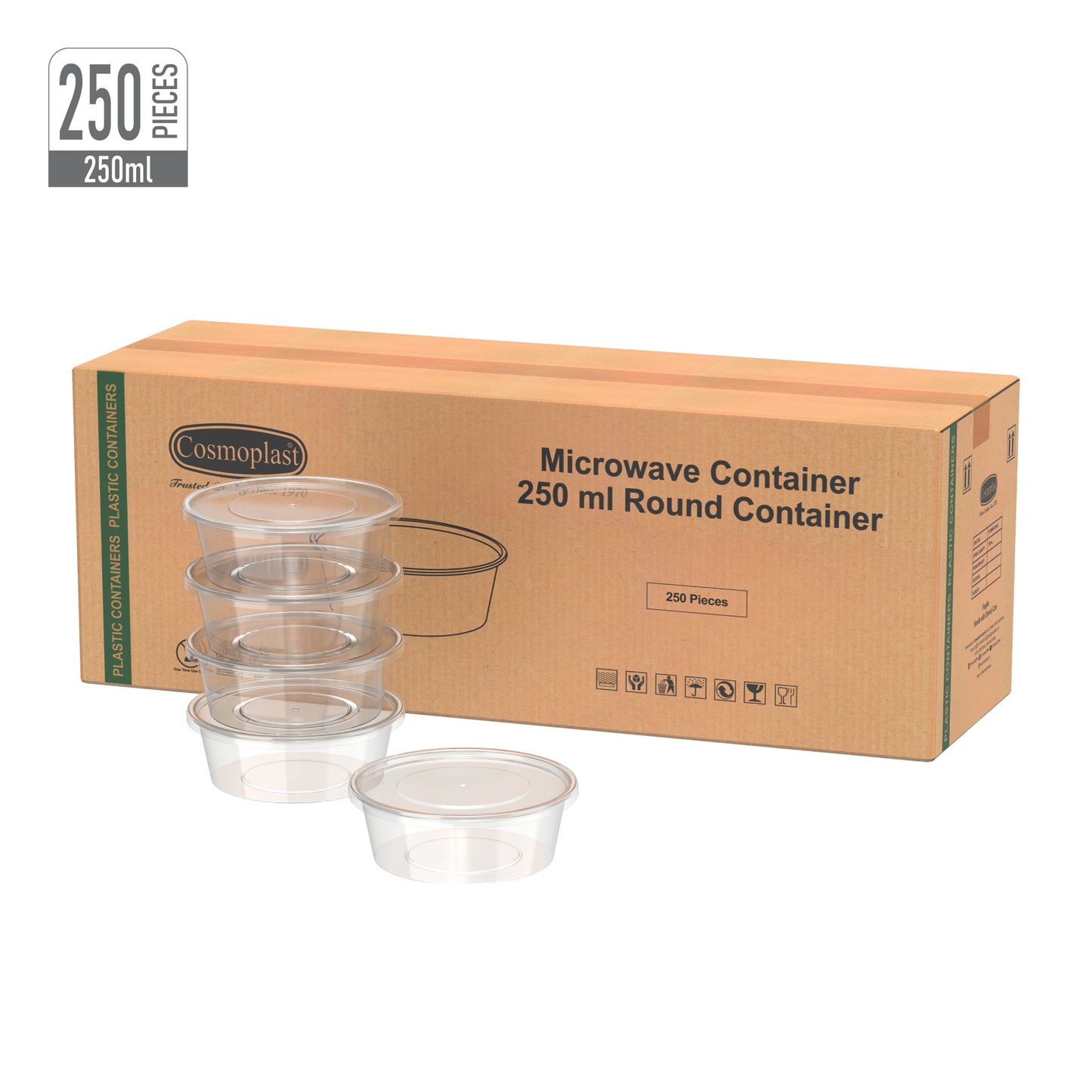 250 ml Carton of 250 Clear Microwave Containers with Clear Lids