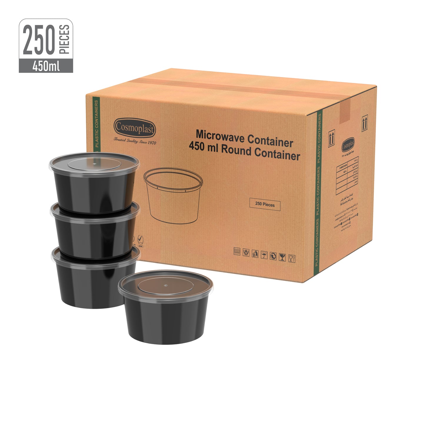 450 ml Carton of 250 Black Microwave Containers with Clear Lids