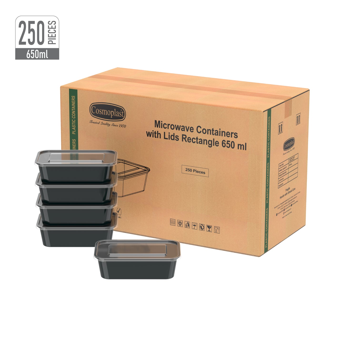 650 ml Carton of 250 Black Microwave Containers with Clear Lids