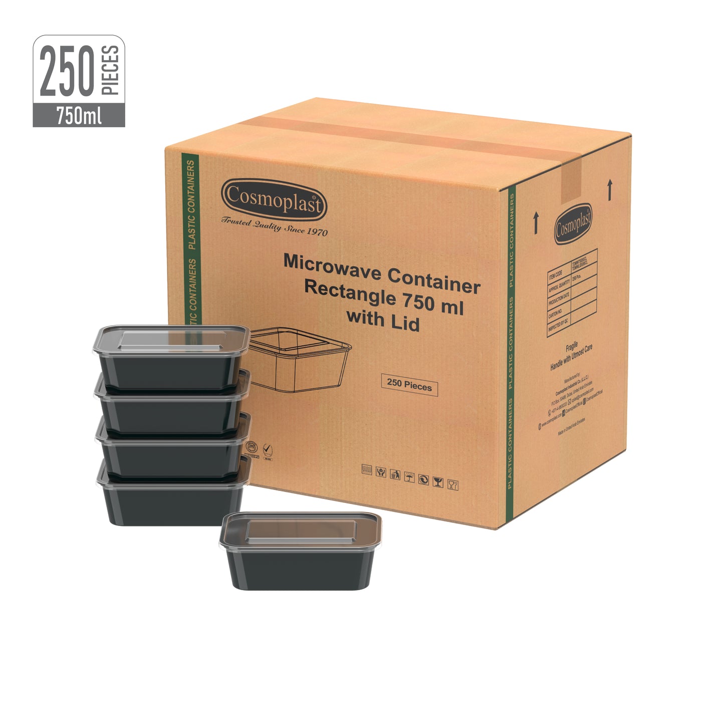 750 ml Carton of 250 Black Microwave Containers with Clear Lids