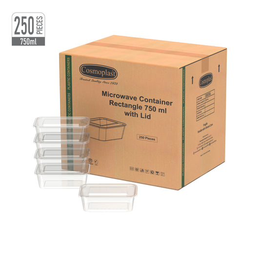 750 ml Carton of 250 Clear Microwave Containers with Clear Lids